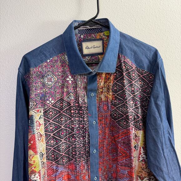 Robert Graham Shirt Mens XLT Chambray Long Sleeve Button Up Aztec Denim Cotton - Picture 2 of 13